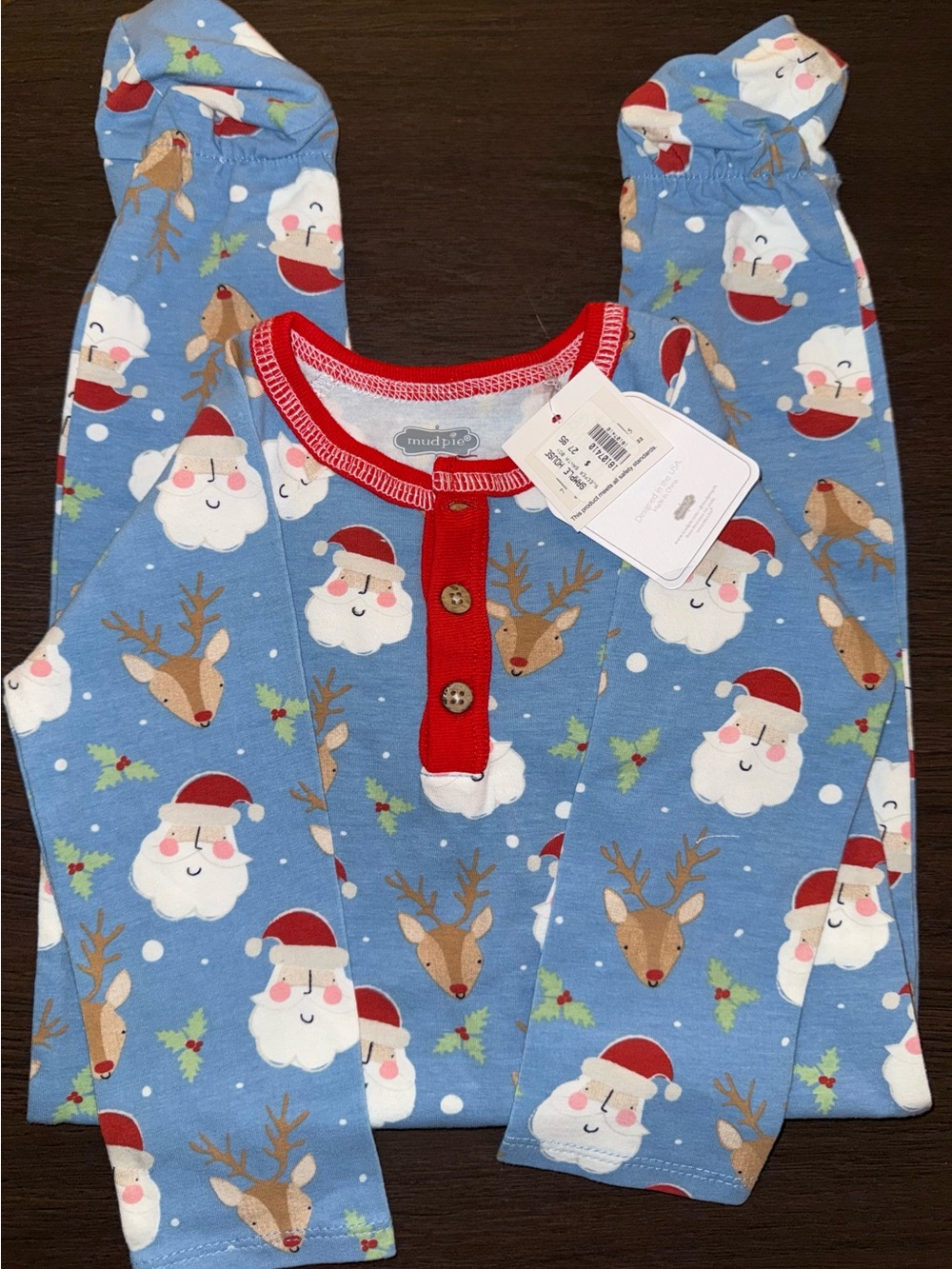 Mud Pie Blue Santa & Reindeer Holiday Kids Pajama Set